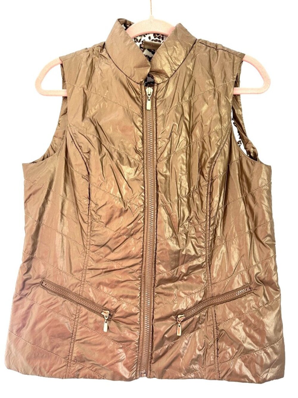 Chico's Collection Metallic Bronze Quilted Puffer Vest Leopard Lining Size 1 M